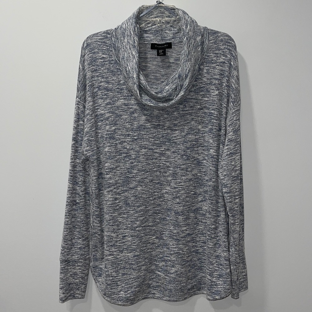Tahari Cowl Neck Sweater Walking Tunic Top XL Grey/Blue With Thumb Holes